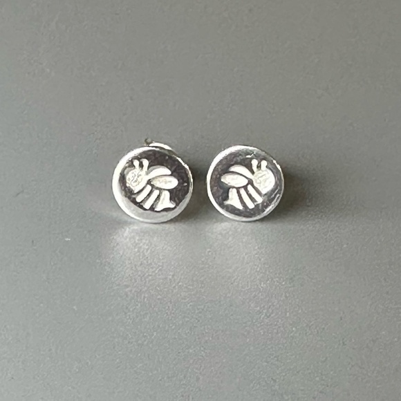 Sterling Silver Round Embossed Bee Earrings - Picture 7 of 8